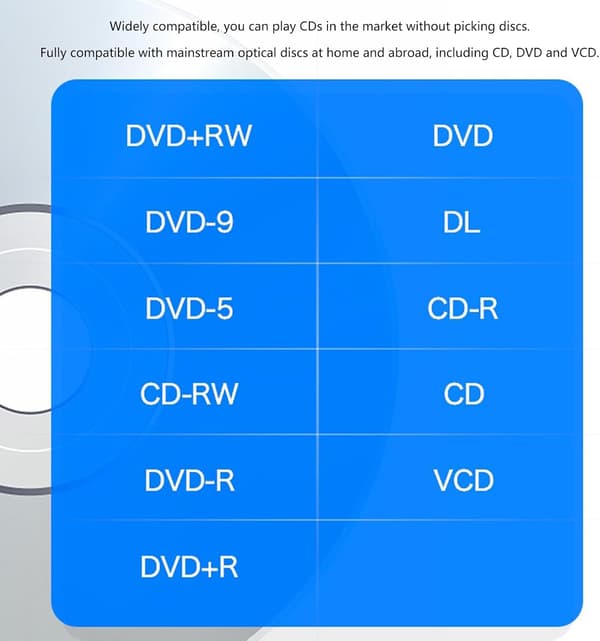 Ekstern DVD-brenner og -leser med USB 3.0 og USB-C-grensesnitt; DVD-spillerenhet egnet for bærbare og stasjonære datamaskiner.