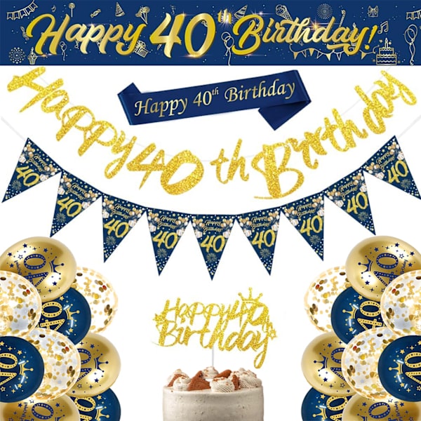 40-års Dekorationer för Män, 1 Set Blå Guld Glad 40-årsdag Banner, 40-årsdag Ballonger, Flaggor, Sash, Tårta Toppers för Män 40-årsdag