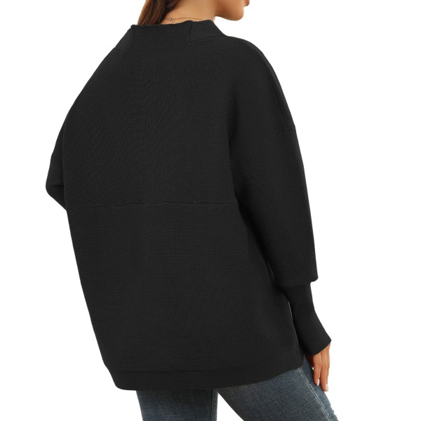 Långärmad tröja kvinnor höst vinter andningsbar lös casual elegant enfärgad stickad pullover toppar svart L