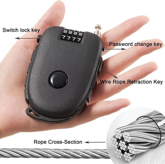 Cable Lock - Combination Lock - Secure Luggage - Retractable Cable - 130 cm - Black