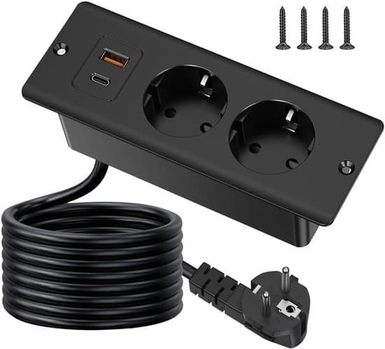 Flush-mounted power connector with USB/Type-C, 4-in-1 desk socket, 2-way flush-mounted power strip with 2-meter cable/multiple connections for easy use
