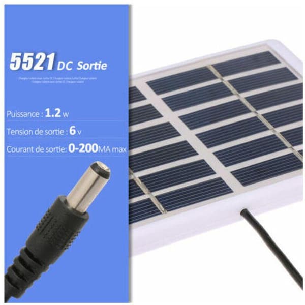 1.2W/6V Solarlader med 5521 DC-utgang, 3M kabel, batterilader, polykrystallinsk solcellepanel, 84130mm