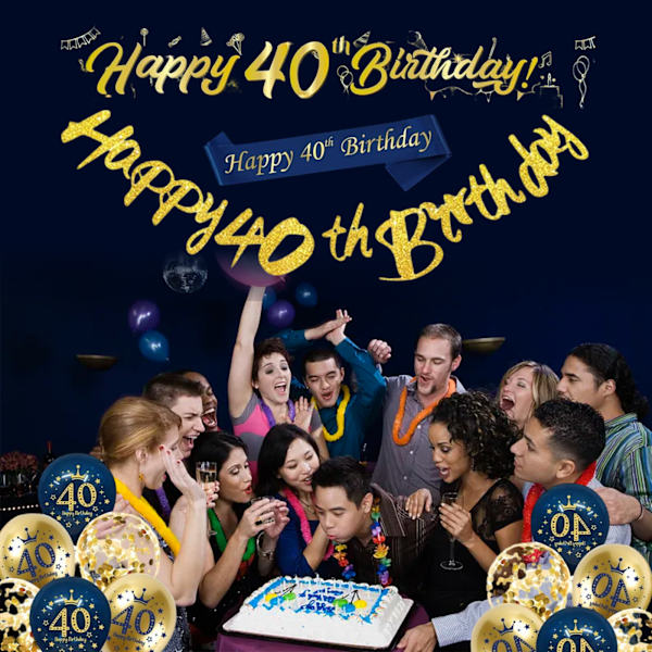 40-års Dekorationer för Män, 1 Set Blå Guld Glad 40-årsdag Banner, 40-årsdag Ballonger, Flaggor, Sash, Tårta Toppers för Män 40-årsdag