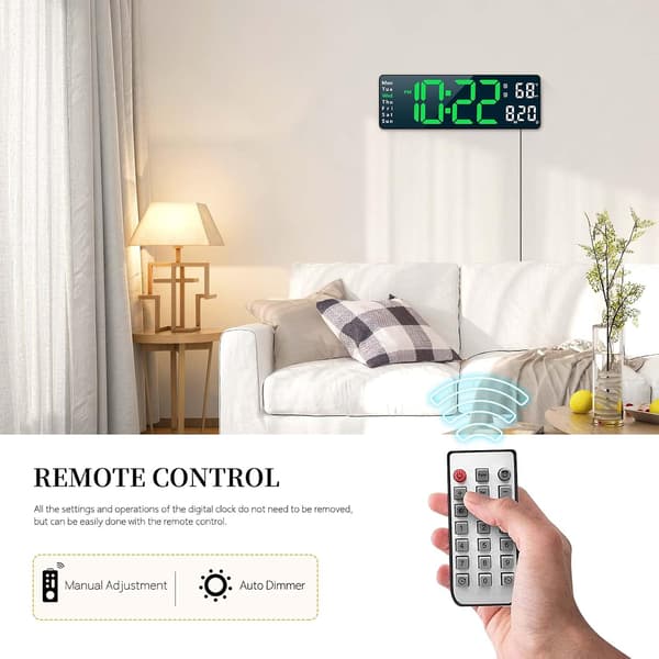 Digital Clock, Decorative Digital Wall Clock for Living Room, Desk Alarm Clock for Bedroom, Large Wall Clock with Remote Control, Green
