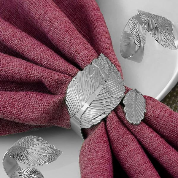 Silverblad Servettringar Set, Löv Servettringar för Bordsplacering, Metall Löv Servetthållarringar