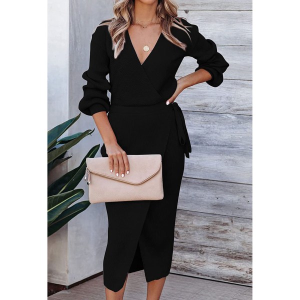 Women's Long Dress Elegant V Neck Long Sleeve Pure Color Slit Hem Knitted Dress with Belt Black S