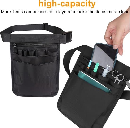Nurse Bag with Adjustable Shoulder Strap and Multiple Compartments - Nurse Waist Bag - Unisex Practical Work Organizer (Black)
