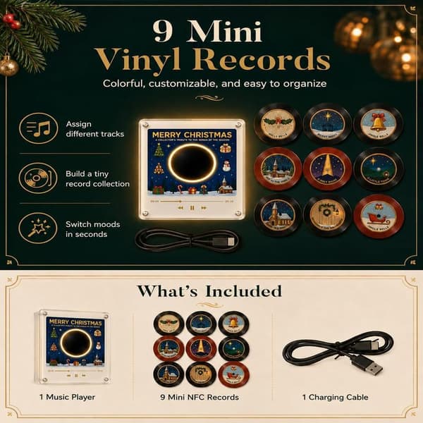 Christmas Vinyl Player Fridge Record NFC Magnetic Music Box Set Mini Jingle Magnets, Refrigerator Custom Storage, Personalized Retro, 9 Programmable Parts
