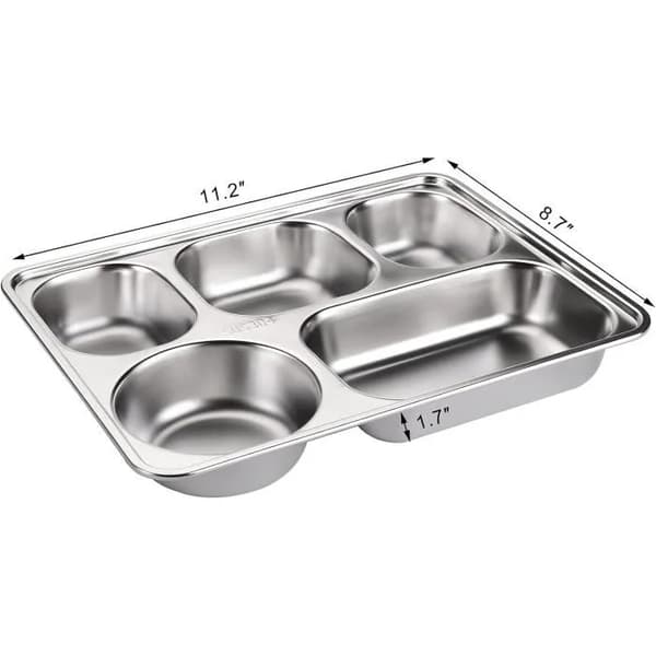 Dinner Plate, 3-piece Rectangular Divided Stainless Steel Tray, 5 Compartments, Suitable for Adults, Children, and Picky Eaters.