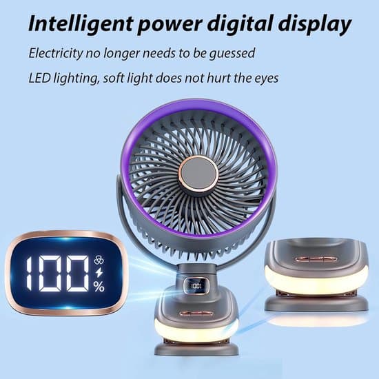 Rechargeable USB Mini Clip-on Fan, 5 Speeds, Oscillating, Quiet Portable Retro Style, Beige.