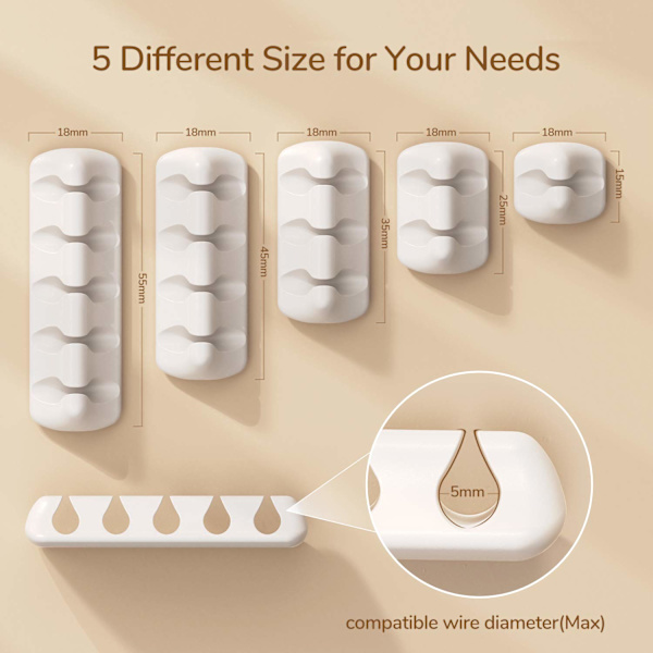 5-pack Kabelklämmor Organiseringsset, Kabelklämmor, Självhäftande Kabelklämmor, USB-Kabelhållare för Hem, Kontor, Bil, Sängbord, Skrivbord