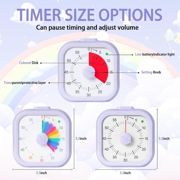 Visuel timer til børn, 60-minutters nedtællingstimer, regnbuefirkantet bordtimer til klasseværelse, studie, kontor, køkken, lydløs (lilla)