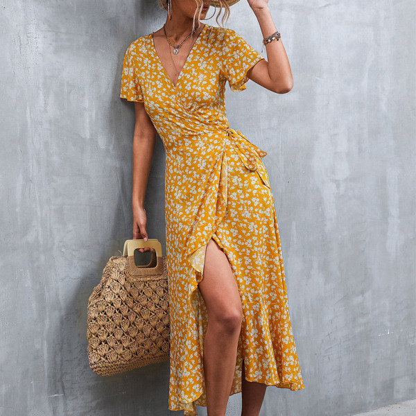 Kvinners Blomster Wrap Dress V-Hals Midje Beltet Rufflet Erme Asymmetrisk Hem Sommer Lang Kjole Gul L