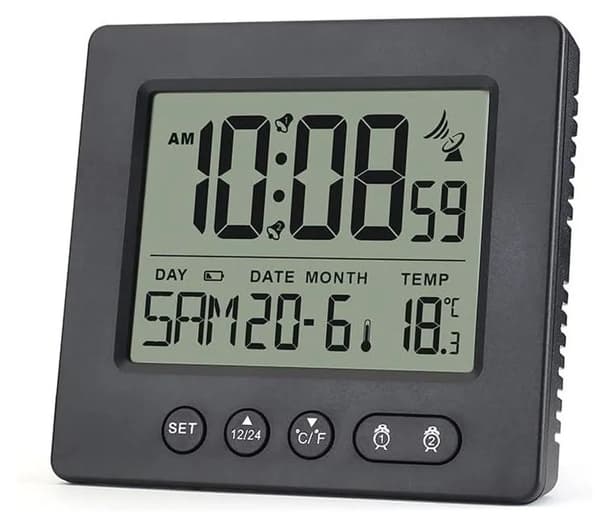 Digital radio-controlled alarm clock with 2 alarm times, temperature display, 5-minute snooze, automatic time setting (battery operated)