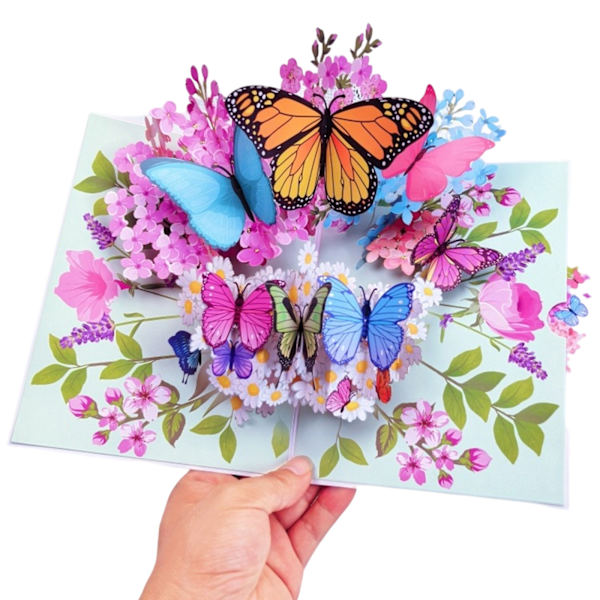 Unikt 3D Pop Up-kort - Fjärilar i naturen & Fjärilsblommönster för fru, flickvän, mamma, mormor - Till födelsedag, årsdag, mors dag