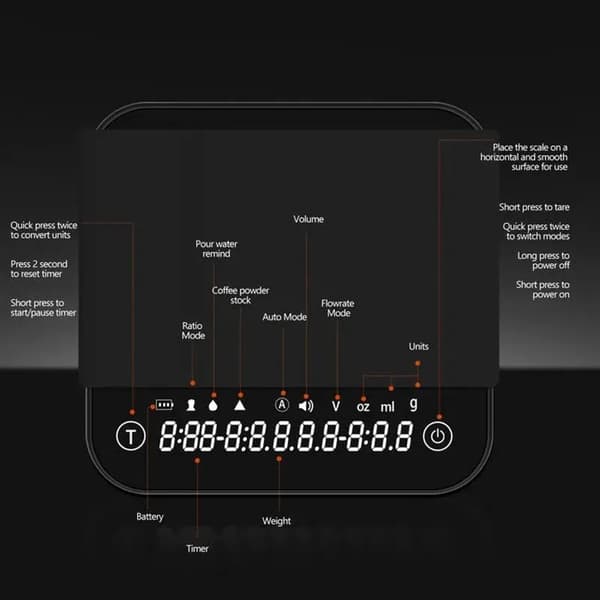 Mini uppladdningsbar kaffevåg - 0,1 g noggrannhet - 2000 g kapacitet - Automatisk timer