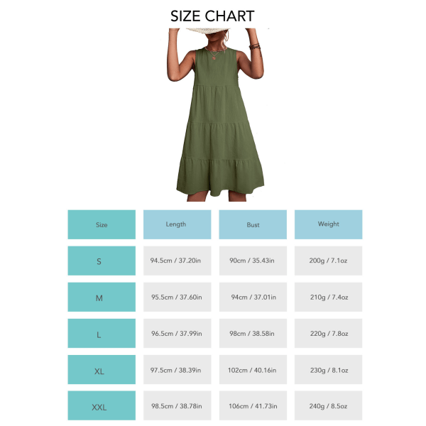 Pyöreäkauluksinen kerrostettu mekko naisille, yksivärinen elegantti rento löysä helma hihaton mekko juhliin ja arkeen, OD vihreä S