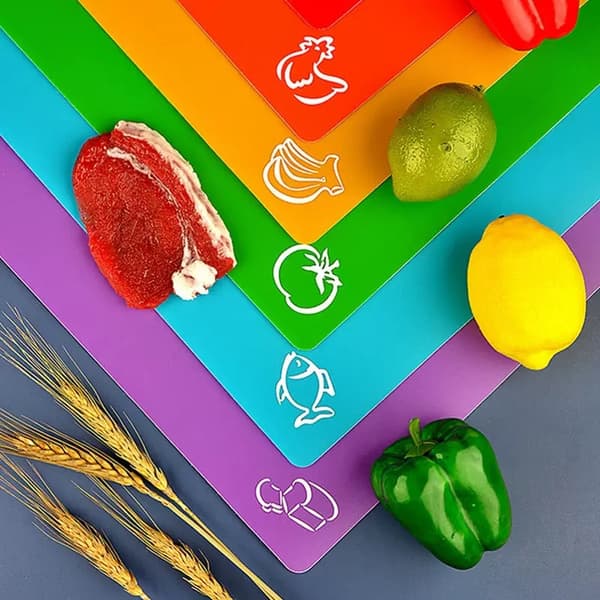 Thickened, Flexible Plastic Cutting Boards with Food Patterns, Dishwasher Safe, 6-Pack.