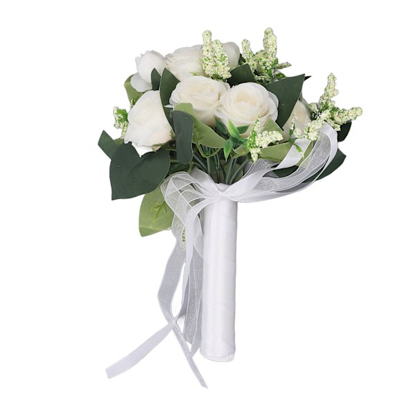 Bryllupsbukett Simulering Kunstig Rose Livaktig Grønne Blad Moderne Elegant Rose for Bryllup Kirke Hjemmedekor Melkehvit