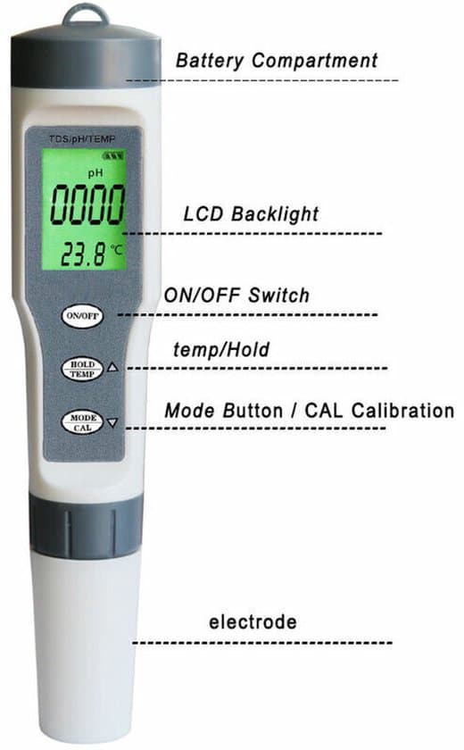 3-i-1 Elektronisk Basseng pH-måler med TDS-måler, Termometer, LCD Vannkvalitetsanalysator