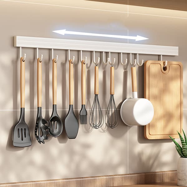 Wall Mounted Aluminum Kitchen Utensil Holder, 6 Hooks, 30cm, Drill-Free Storage for Spoons, Spatulas, and Cutting Boards, White