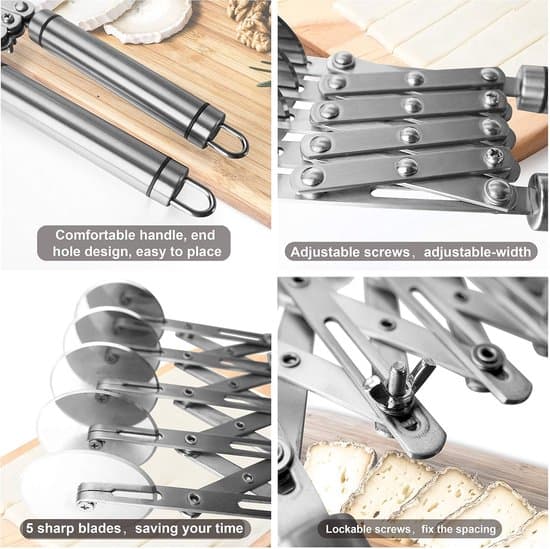 Dough Cutter with Five Wheels - Adjustable Pasta and Spaghetti Cutter - Multifunctional Pizza Cutter with Handle - Silver - 26.6 × 5 × 5 cm