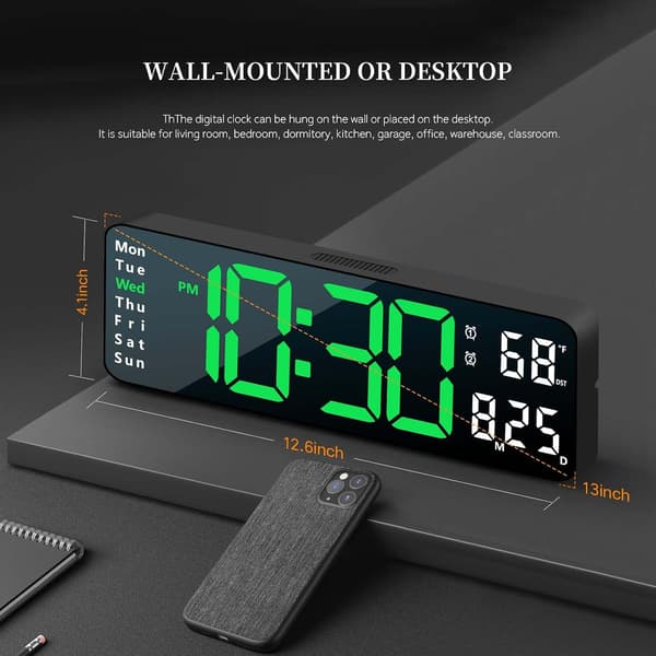 Digital Clock, Decorative Digital Wall Clock for Living Room, Desk Alarm Clock for Bedroom, Large Wall Clock with Remote Control, Green