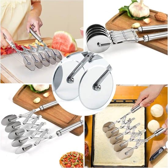 Dough Cutter with Five Wheels - Adjustable Pasta and Spaghetti Cutter - Multifunctional Pizza Cutter with Handle - Silver - 26.6 × 5 × 5 cm