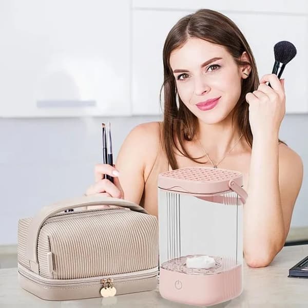 3-i-1 Elektrisk Makeupbørsterenser, USB-stik, Genopladelig Automatisk Renser - Rosa