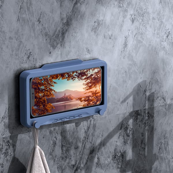 Blue 360° Rotating Waterproof Shower Phone Holder, Drill-Free Wall Mounted Bathroom Case