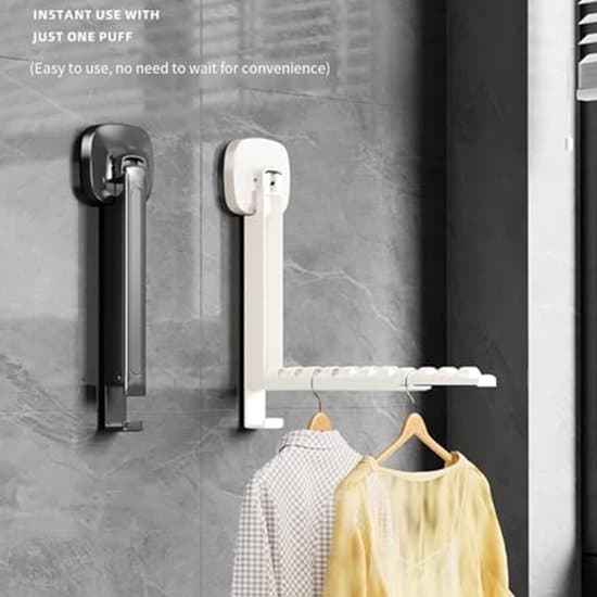 Wall Mounted Clothes Hanger, Adjustable Foldable Suction Cup Hanger No Drilling for Balconies, Bathrooms, Kitchens, Travel - White