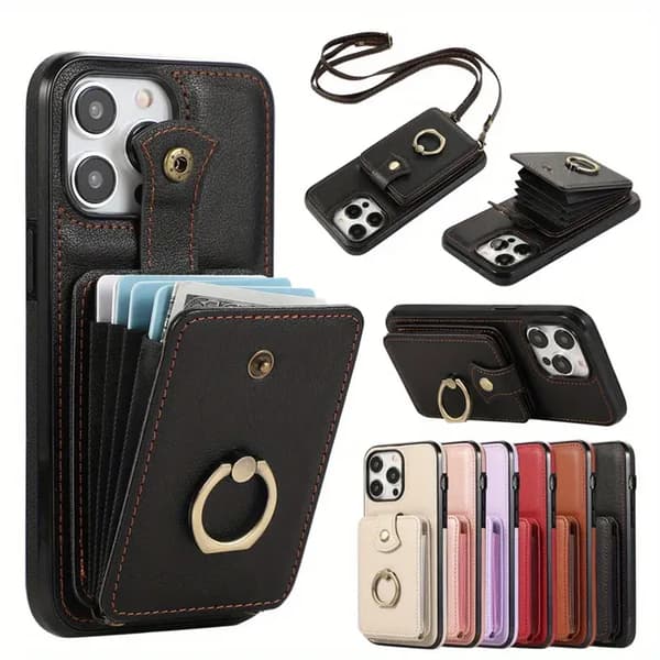 Wallet-etui til iPhone 17 Pro Max (med kortpladser). Har en 360° roterende ringstander og RFID-beskyttelse.
