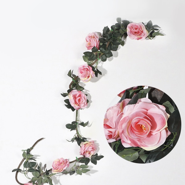 Konstgjorda falska sidenrosa blomma girland vinrankor hängande rotting hem bröllopsdekor (rosa)