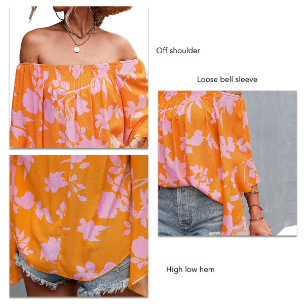 Kvinner Off Shoulder Topper Sommer Høy-Lav Hem Løse Bell Ermer Rynket Blomstertrykt Skjorte Bluse Oransje XL