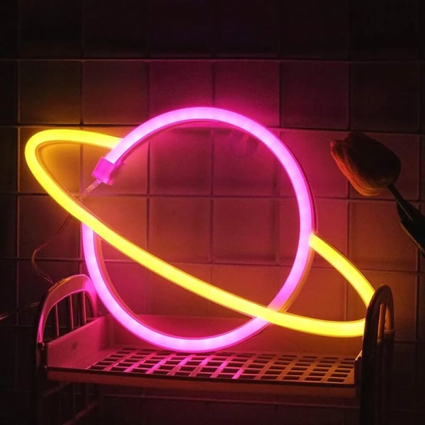 LED Neonskylt Ljus Dekorativt Neonljus Hem Nattljus Dekoration Väggdekor Ljus Batteridriven Rosa Gul Planetskylt