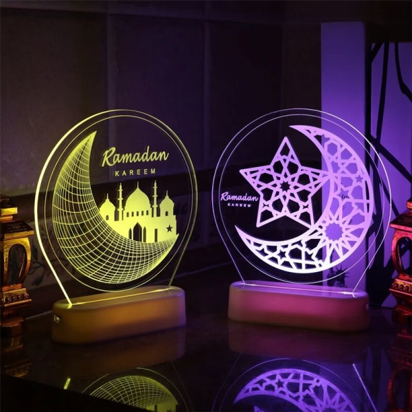 x 3D Ramadan Decoration Lyhtyvalo 7 Väriä Vaihteleva Kaukosäädin Yövalo Islamilainen Eid Mubarakin Koristevalo Lahja