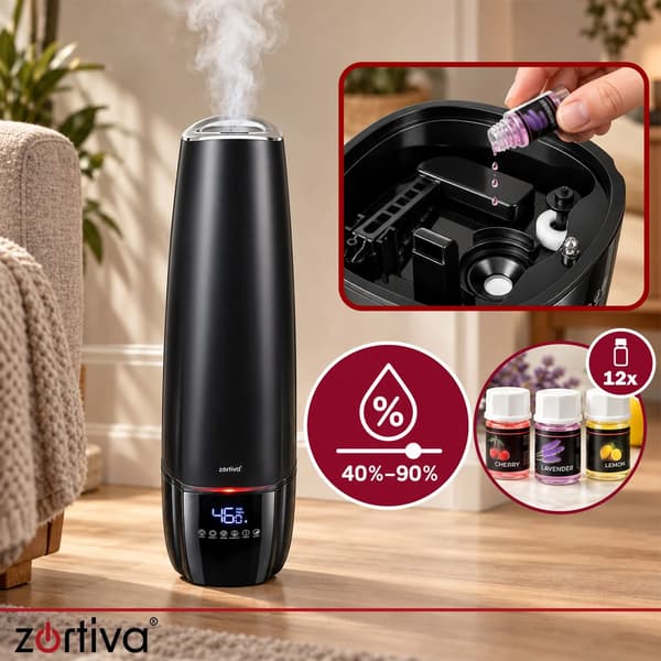 Luftfuktare 6,5 L – Hygrostat, fjärrkontroll, aromaterapi och 12 doftoljor