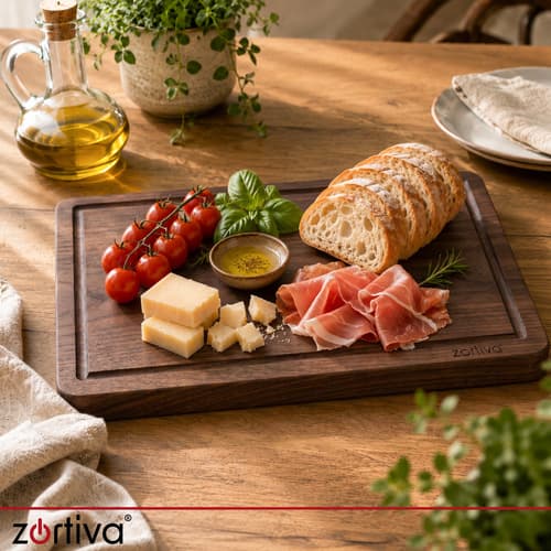 Skärbräda i akaciaträ 43 × 33 cm – massiv Zortiva serveringsbräda