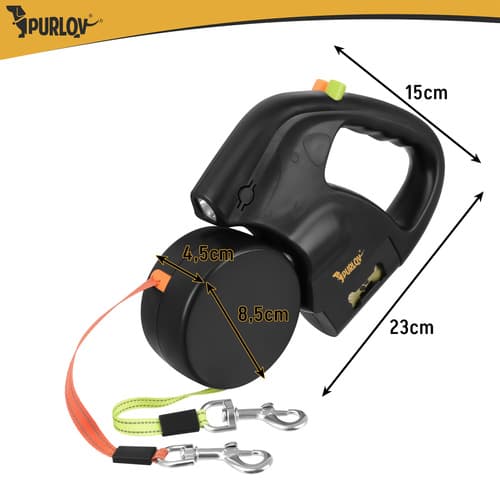 Dubbel flexikoppel 2 × 3 m för 2 hundar – Purlov med LED