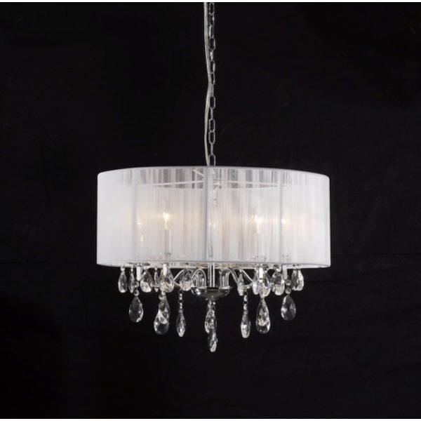 Chrome ceiling lamp with crystals and clear white shade.