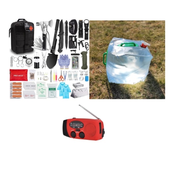 Survival Kit iso, selviytymislaukku, hätäradio ja vesisäiliö
