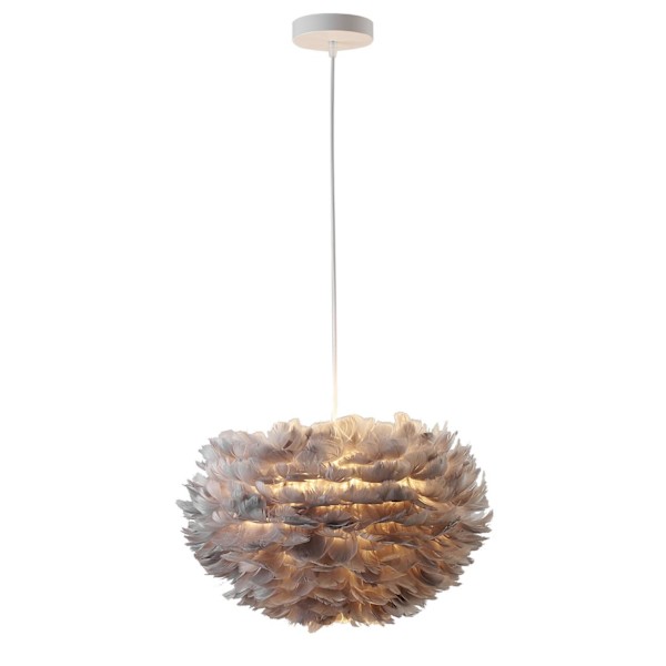 Mysig taklampa i grå fjädrar, 40 cm i diameter    D