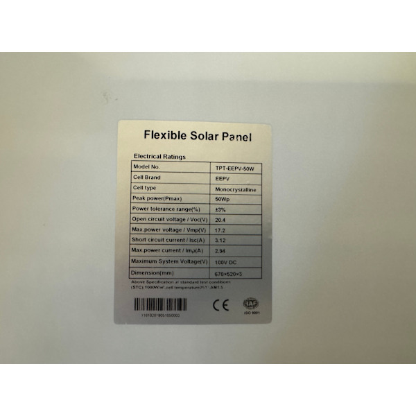 Fleksibelt solpanel EEPV 50 W til båd, autocamper osv. campingvogn