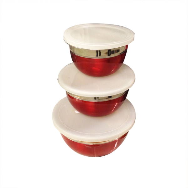 Set av 3 skålar med lock i röd färg x 4 set = 12 skålar