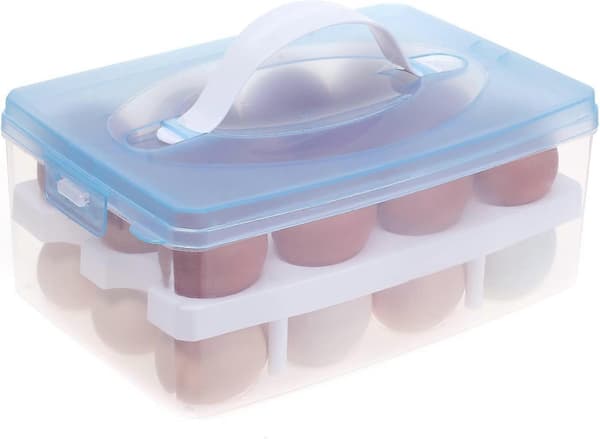 Eggboks med to nivåer - for 24 egg - Høykvalitetsboks, bærehåndtak, eggstativ for kjøleskap, lokk og klips, blå