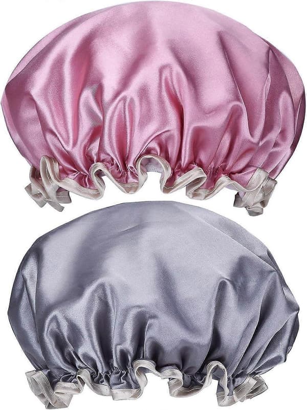 2 Pakke Dusjhetter for Kvinner Dobbelt Lag Gjenbrukbar Stor Dusjhette for Kvinner Rosa + Grå 24,5 cm