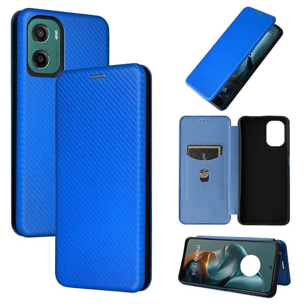 Karbonfibertekstur Flip Lær Telefonveske (Blå, for Motorola Moto G05 / E15)