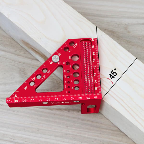Metrisk multifunktionel tømrer vinkel lineal med vinkelstifter, aluminiumslegering 22,5-90 grader, centimeterinddeling (rød)