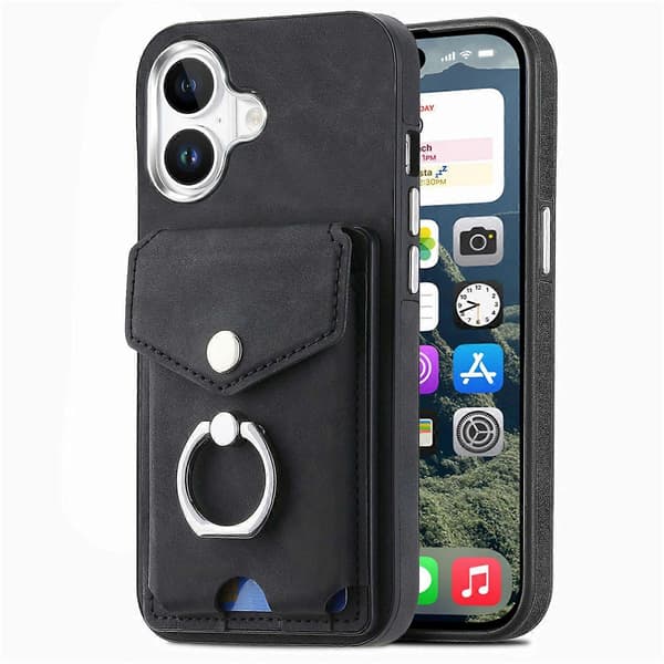 Til iPhone 16 Plus Telefon Cover Ring Stand Læderbelagt TPU Bagside Cover med Kortholder - Sort (Sort)