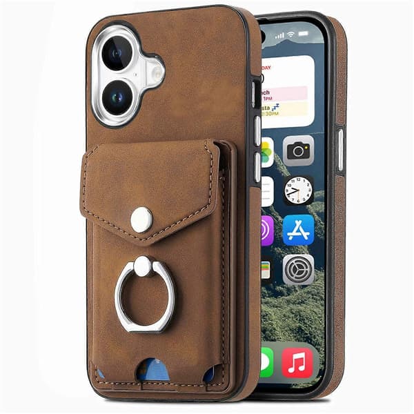 För iPhone 16 Plus Mobilskal Ringstativ Läderbelagd TPU Baksida med Korthållare - Brun (Brun)
